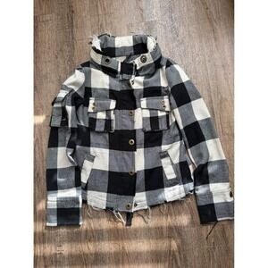 BB Dakota Buffalo Plaid Utility Jacket Black White Wool Blend Frayed Hem Medium